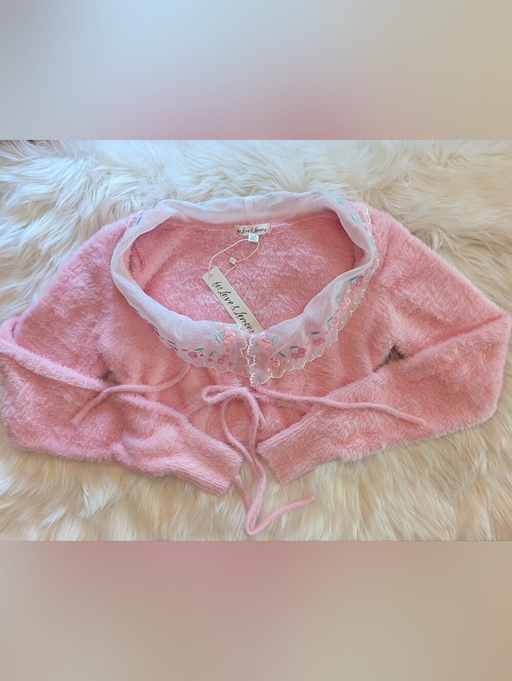 For Love And Lemons Pink Cherry Cropped Fuzzy Cardigan XXS NWT